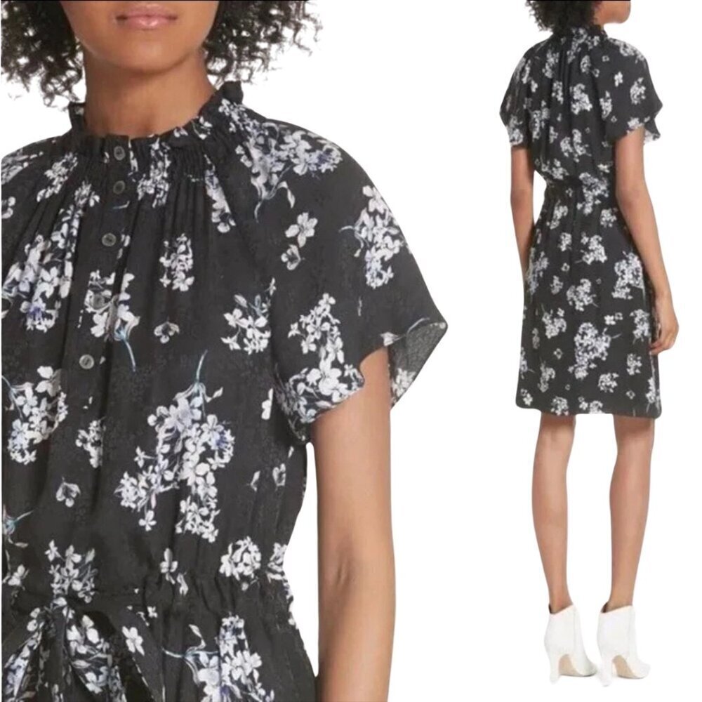 Rebecca Taylor Silk Floral Button Up Mock Neck Mini Dress Women's 6 Black Whimsy